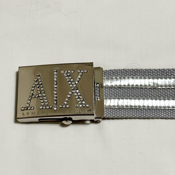 A/X Logo Silver Rhinestone Buckle Belt, Heather Gray Fabric Silver Leather - M - Picture 7 of 11